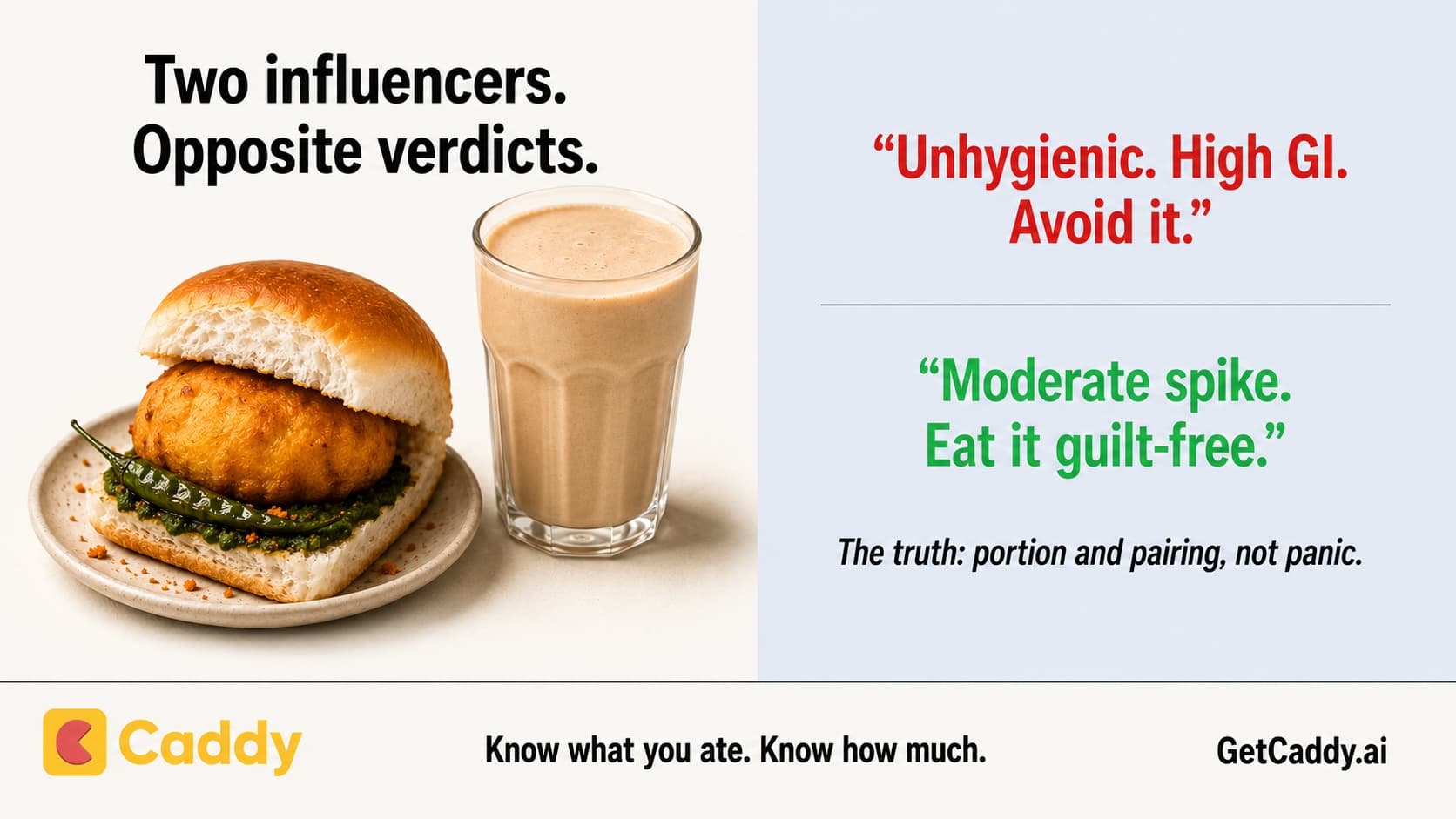 Plate of vada pav and a glass of protein shake with text reading 'Junk food or fine to eat? Two influencers, two verdicts